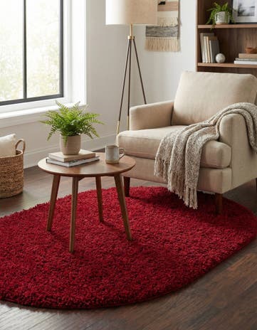 Cherry Red Solid Shag Oval Rug