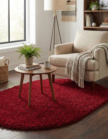 Cherry Red Solid Shag Oval Rug