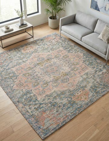 Blue and Peach Hand Woven Chenille Jute Square Rug