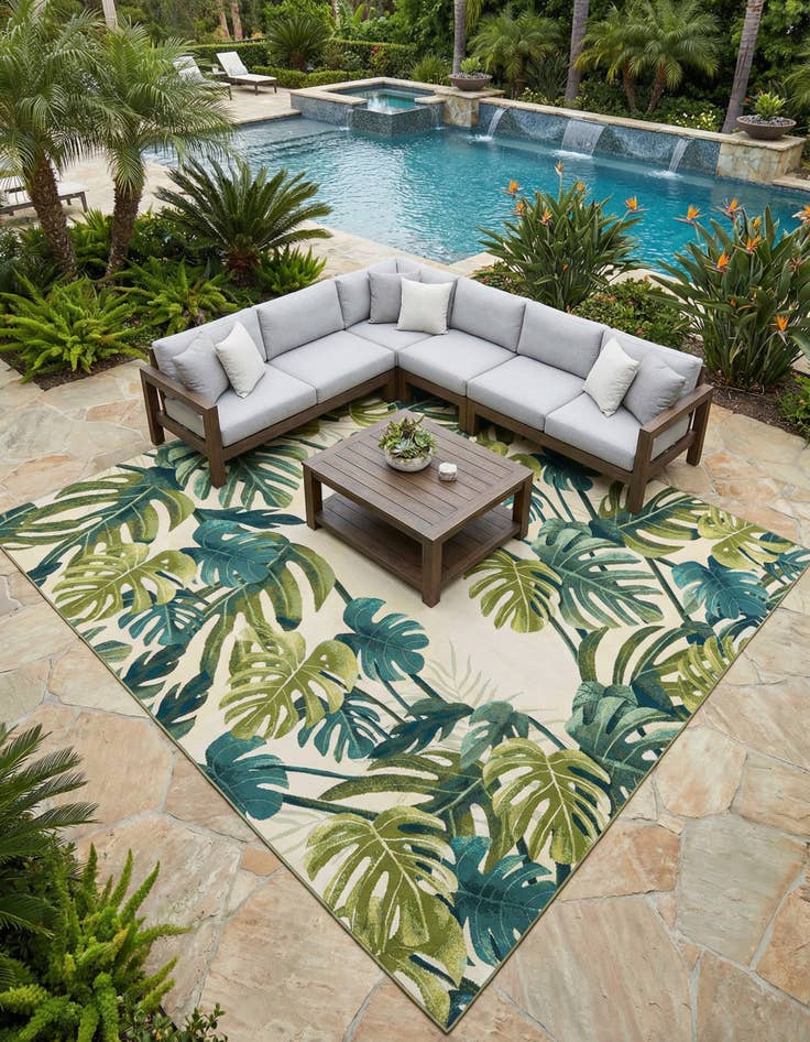 Detail image of 12' x 12'  Washable Botanical Indoor / Outdoor Square Rug