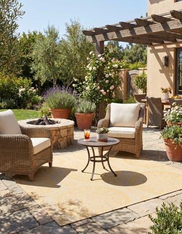 Yellow Easy-Clean Botanical Indoor / Outdoor Square Rug