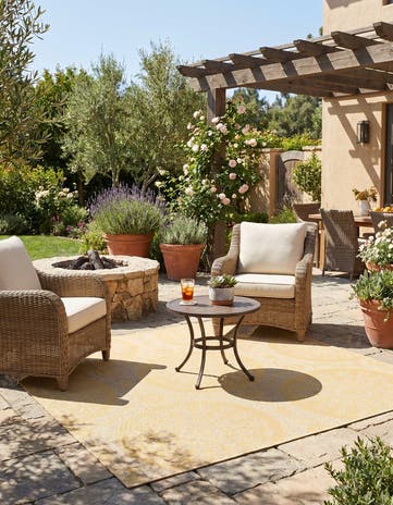 Yellow Easy-Clean Botanical Indoor / Outdoor Square Rug