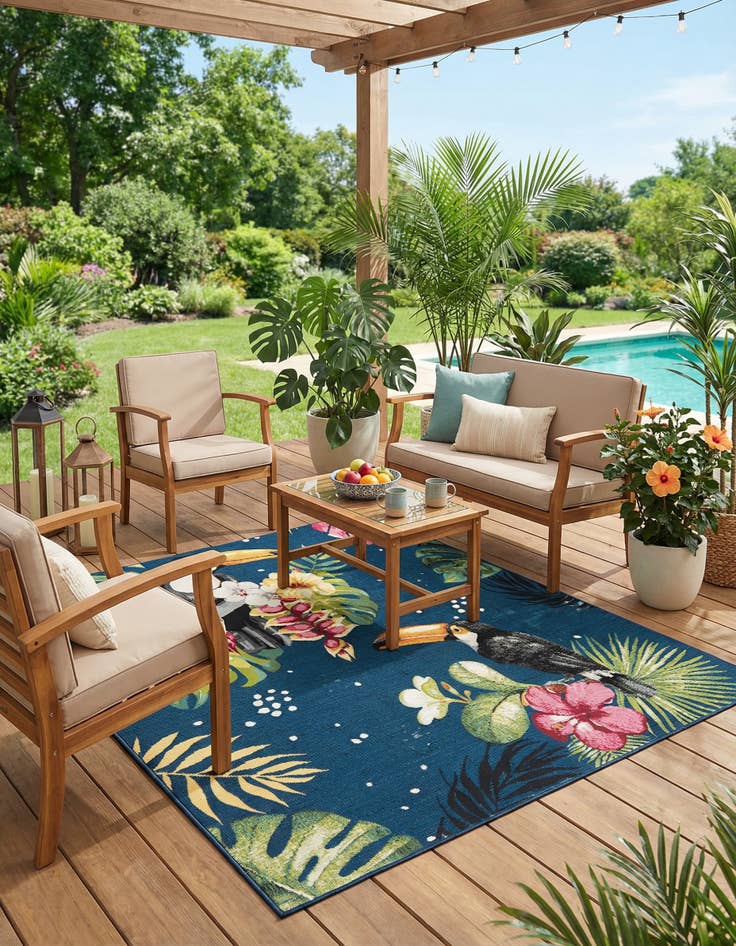 Detail image of 6' x 6' Washable Botanical Indoor / Outdoor Square Rug