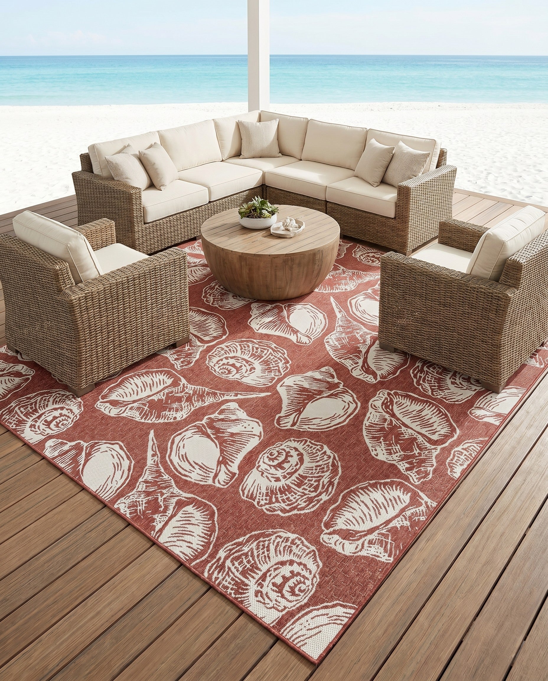 Rust Red and Ivory Easy-Clean Coastal Indoor / Outdoor Square Rug