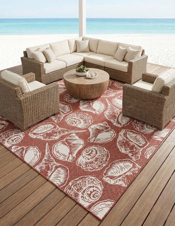 Rust Red and Ivory Easy-Clean Coastal Indoor / Outdoor Square Rug