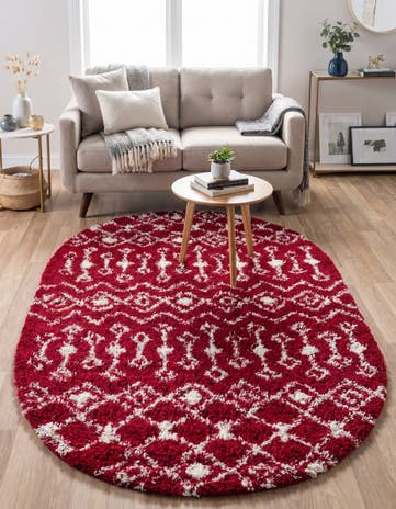 Burgundy Red Moroccan Trellis Shag Oval Rug