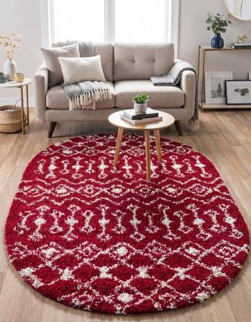 Burgundy Red Moroccan Trellis Shag Oval Rug