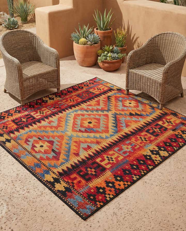 5' 3 x 5' 3 Easy-Clean Tribal Indoor / Outdoor Square Rug