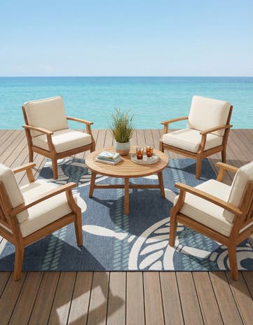 Navy Blue Easy-Clean Coastal Indoor / Outdoor Square Rug