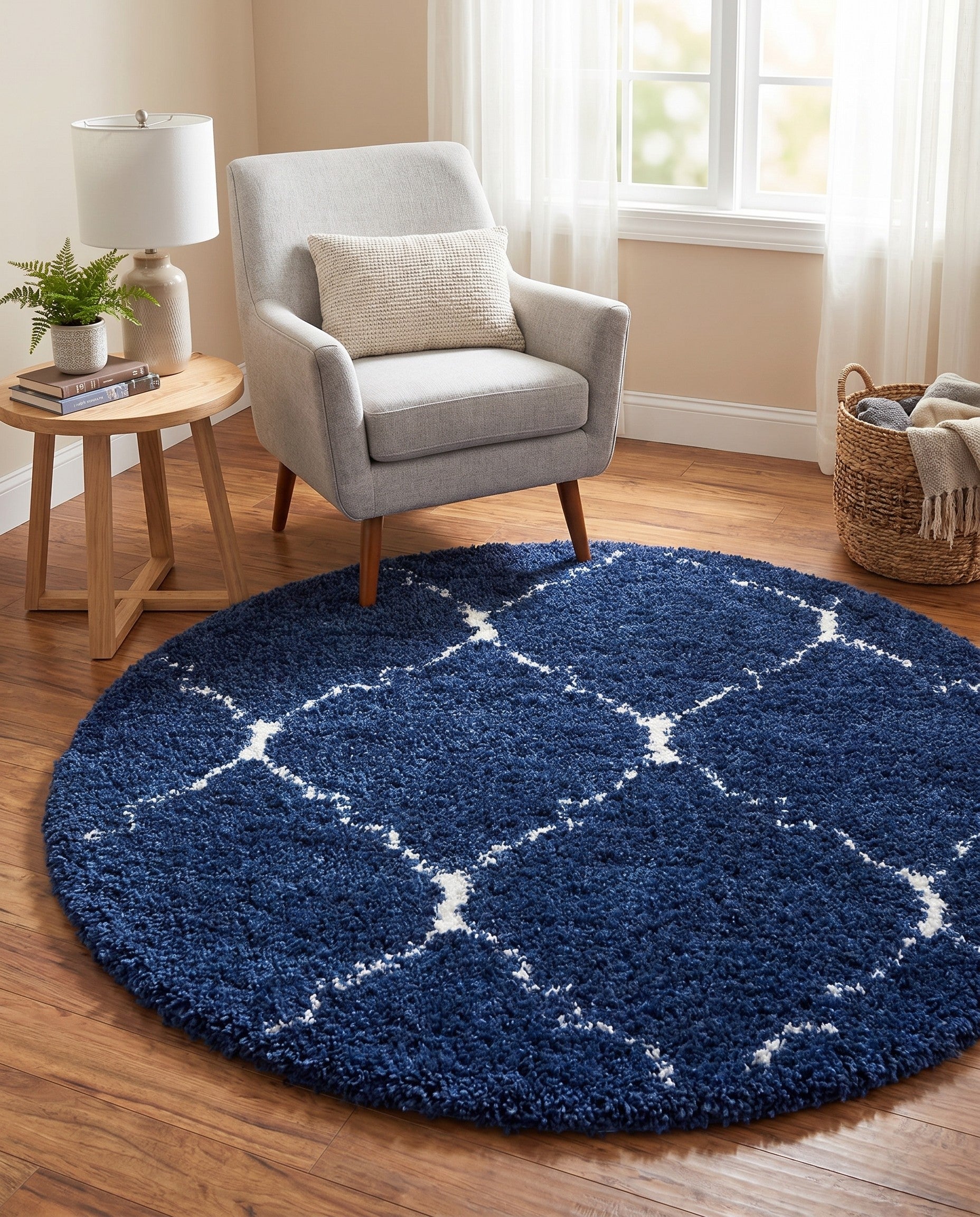 Navy Blue Moroccan Shag Round Rug