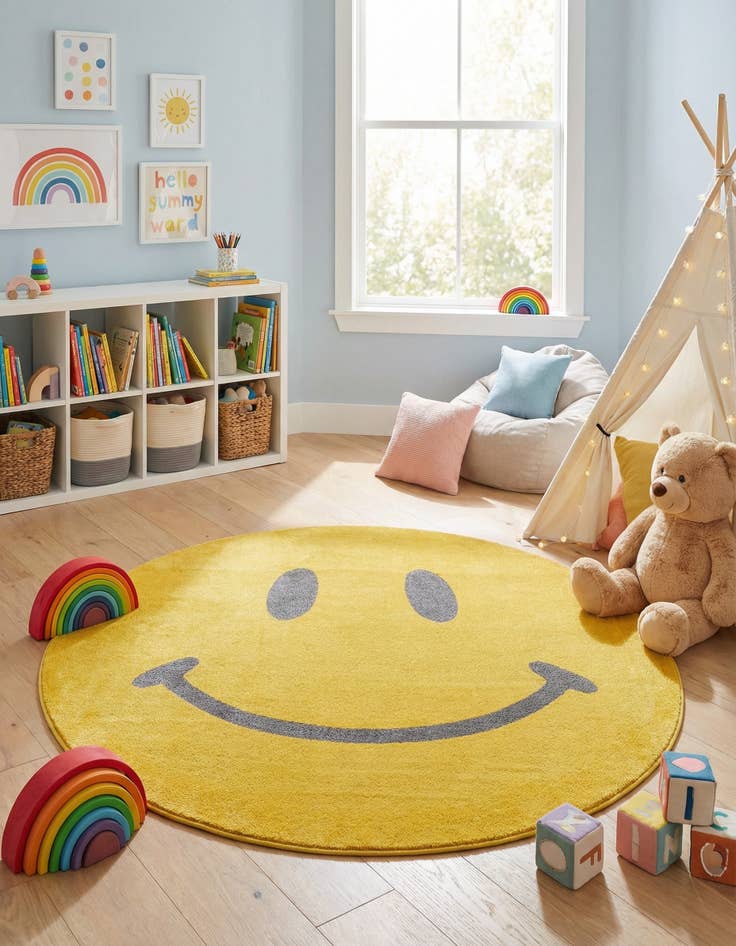 Detail image of 6' 1 x 6' 1 Smiley Face Whimsy Kids Round Rug