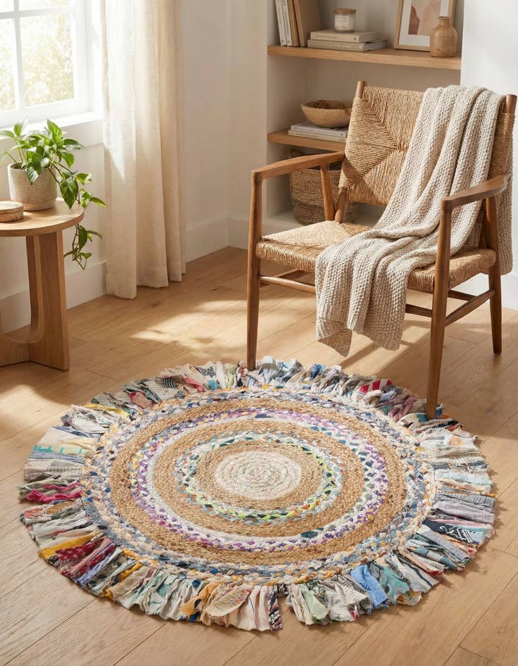 Detail image of 3' 1 x 3' 1  Hand Braided Chindi Jute Round Rug