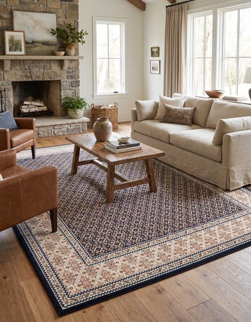 Navy Blue and Ivory Nain Design Rug