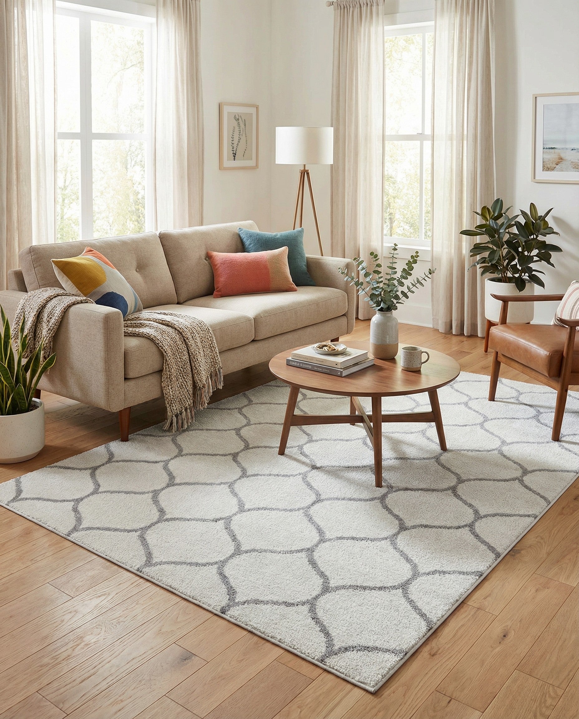 A 5x8 rectangular ivory area rug with a modern gray trellis pattern, suitable for a living room.