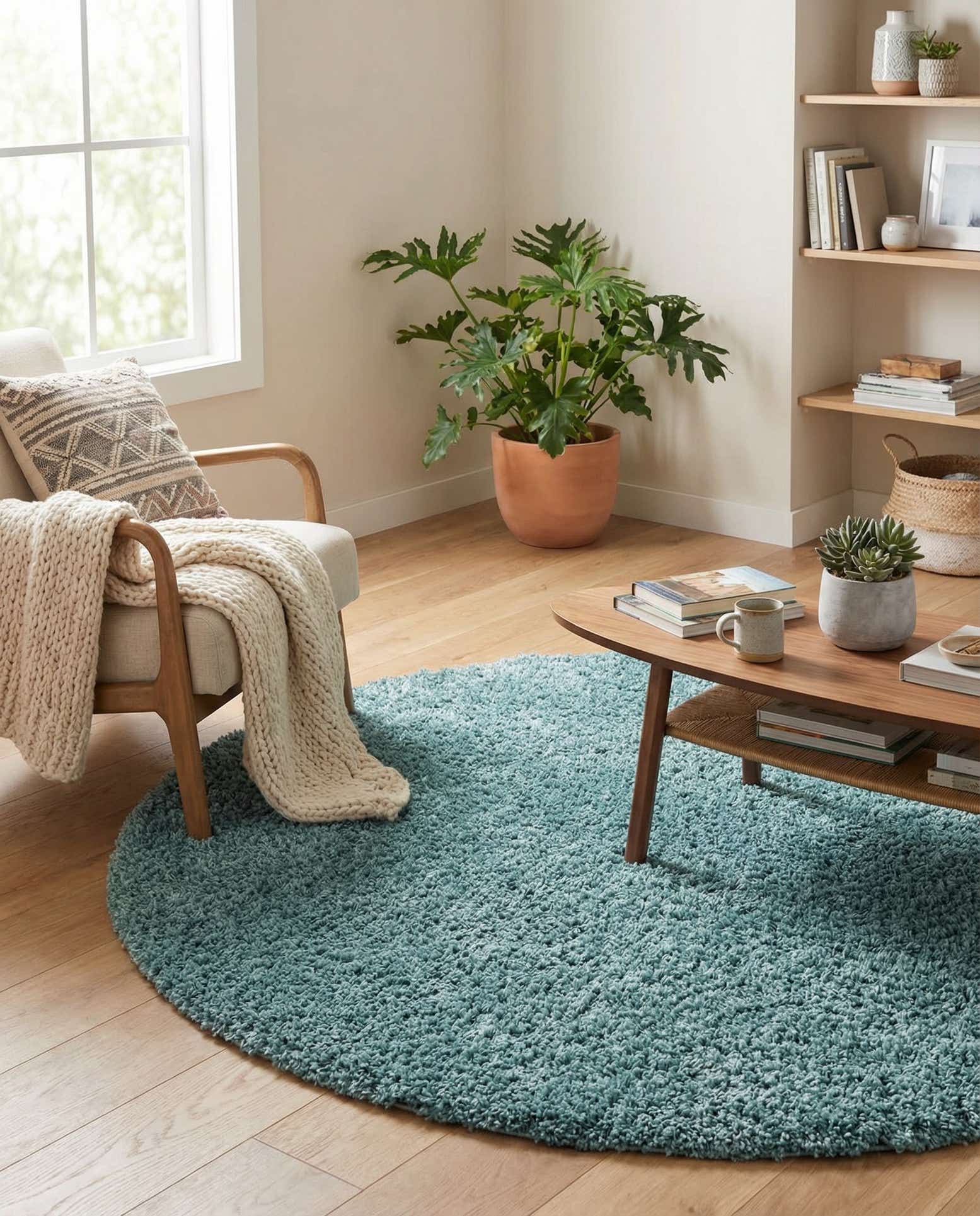 5' 3 x 5' 3 Solid Shag Round Rug