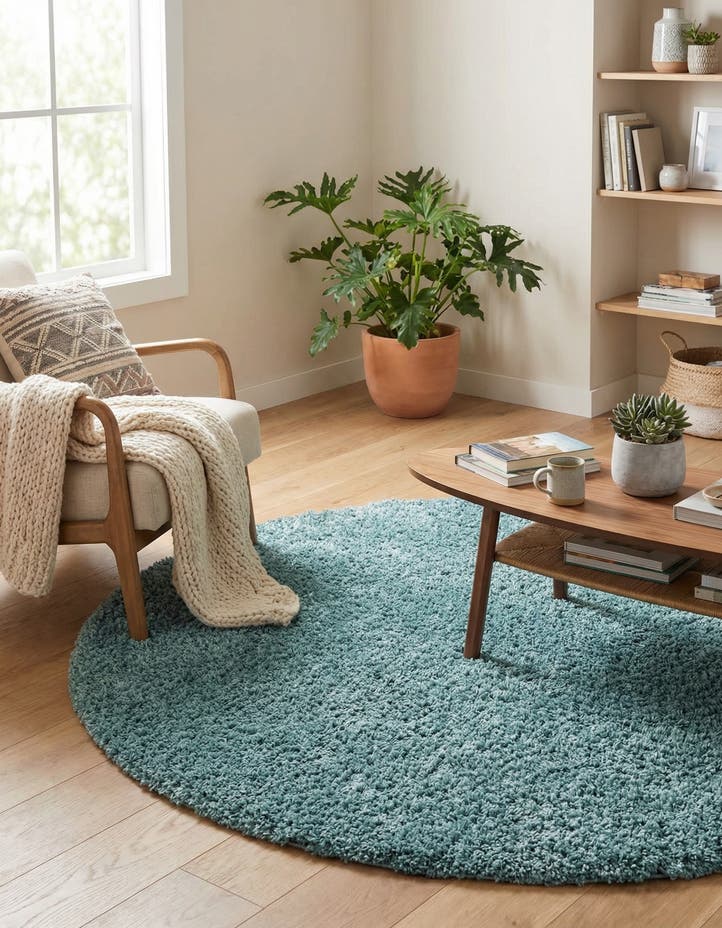 5' 3 x 5' 3 Solid Shag Round Rug