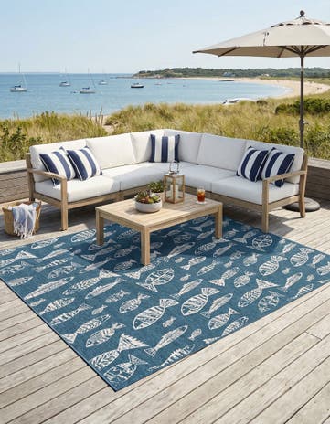 Blue Easy-Clean Coastal Indoor / Outdoor Square Rug