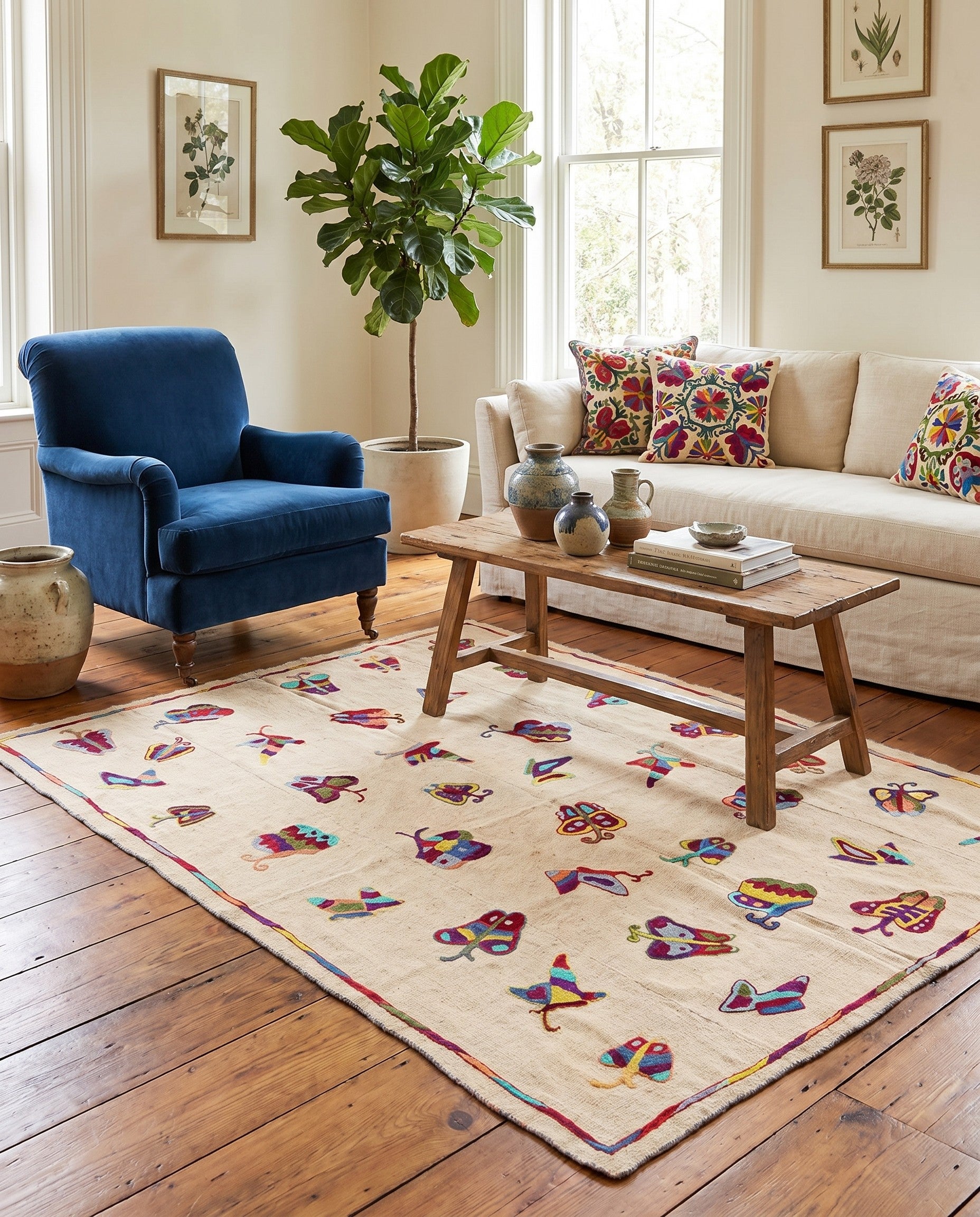 5' 2 x 6' 8 Hand Woven Kilim Suzani Wool Square Rug