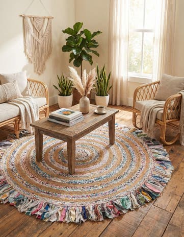 6' 1 x 6' 1 Hand Braided Chindi Jute Round Rug