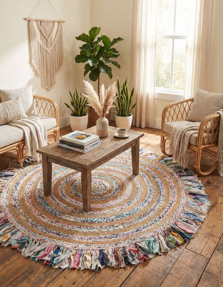 Detail image of 6' 1 x 6' 1 Hand Braided Chindi Jute Round Rug