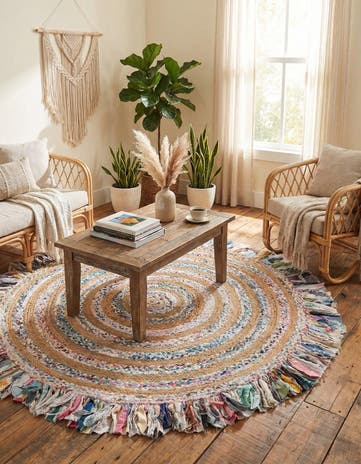 6' 1 x 6' 1 Hand Braided Chindi Jute Round Rug