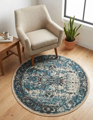 Ivory and Blue Ankara Round Rug