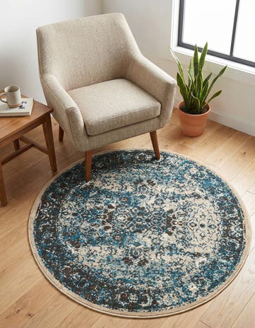 Ivory and Blue Ankara Round Rug