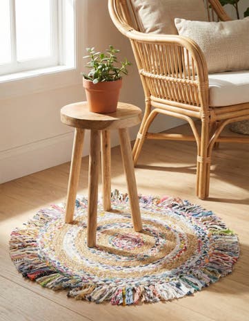 2' x 2' Hand Braided Chindi Jute Round Rug