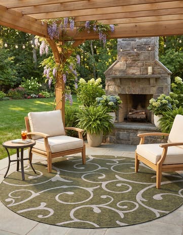 240cm x 240cm Easy-Clean Botanical Indoor / Outdoor Round Rug