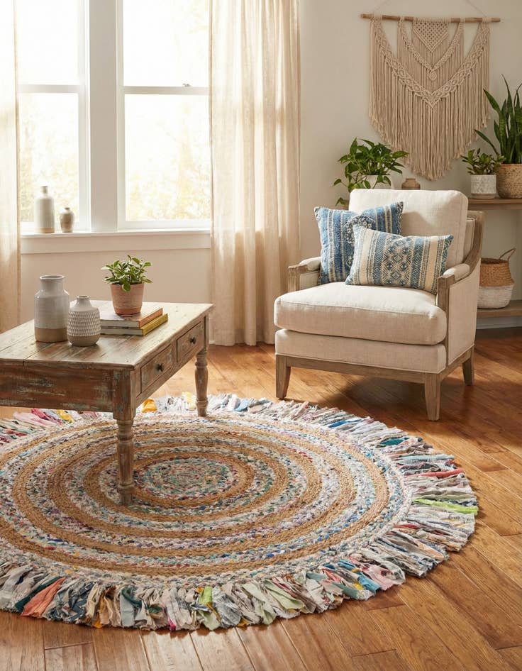 Detail image of  5' 1 x 5' 1  Hand Braided Chindi Jute Round Rug