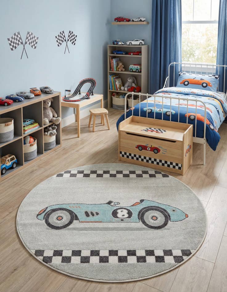 Detail image of 5' 3 x 5' 3 Racecar Whimsy Kids Round Rug