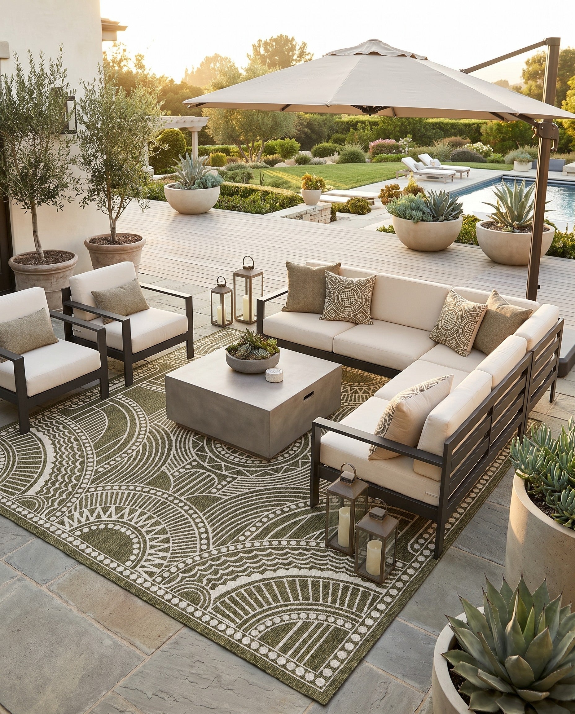 Green Easy-Clean Traditional Indoor / Outdoor Square Rug