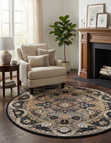 Navy Blue Nain Design Round Rug