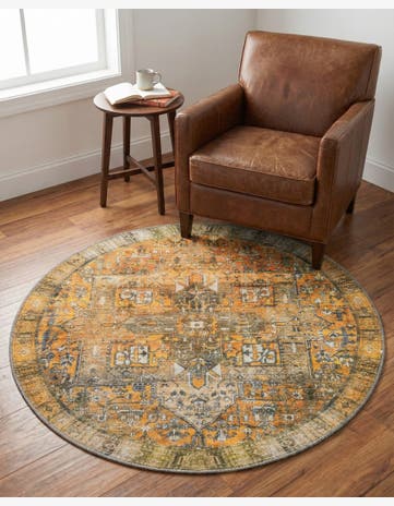Yellow Washable Timeless Round Rug