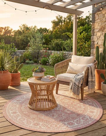 Pink Easy-Clean Aztec Indoor / Outdoor Round Rug