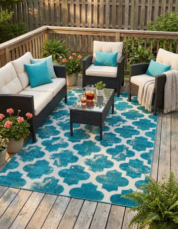 Turquoise Easy-Clean Lattice Indoor / Outdoor Rug