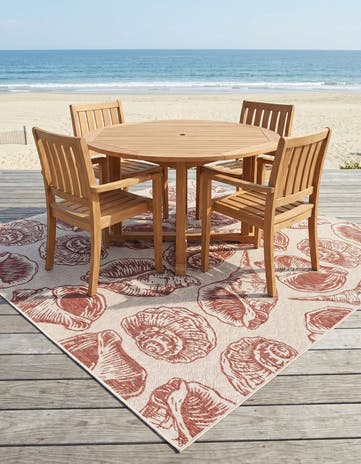 Ivory Rust Red Easy-Clean Coastal Indoor / Outdoor Square Rug