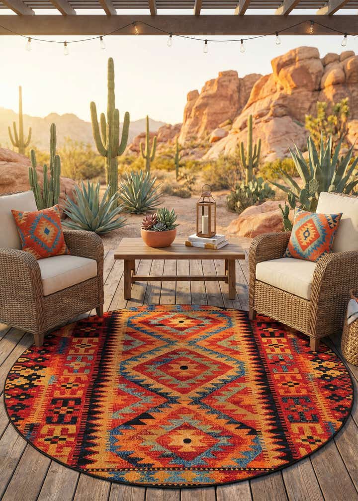 7' x 7' Easy-Clean Tribal Indoor / Outdoor Round Rug