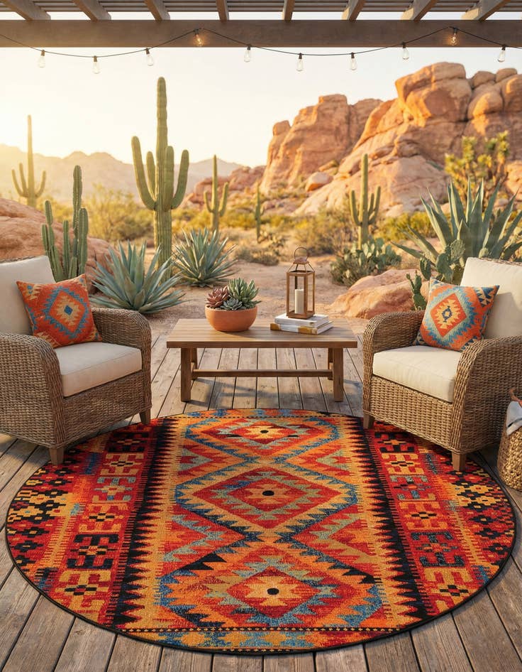 Detail image of 7' x 7' Easy-Clean Tribal Indoor / Outdoor Round Rug