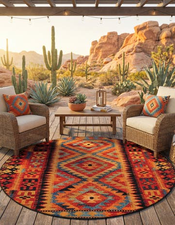 7' x 7' Easy-Clean Tribal Indoor / Outdoor Round Rug