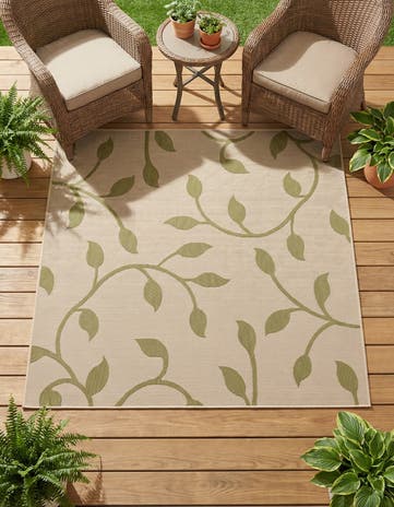 Beige Easy-Clean Botanical Indoor / Outdoor Square Rug