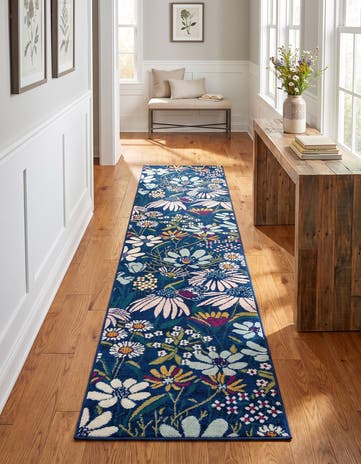 Navy Blue Bloom Runner Rug