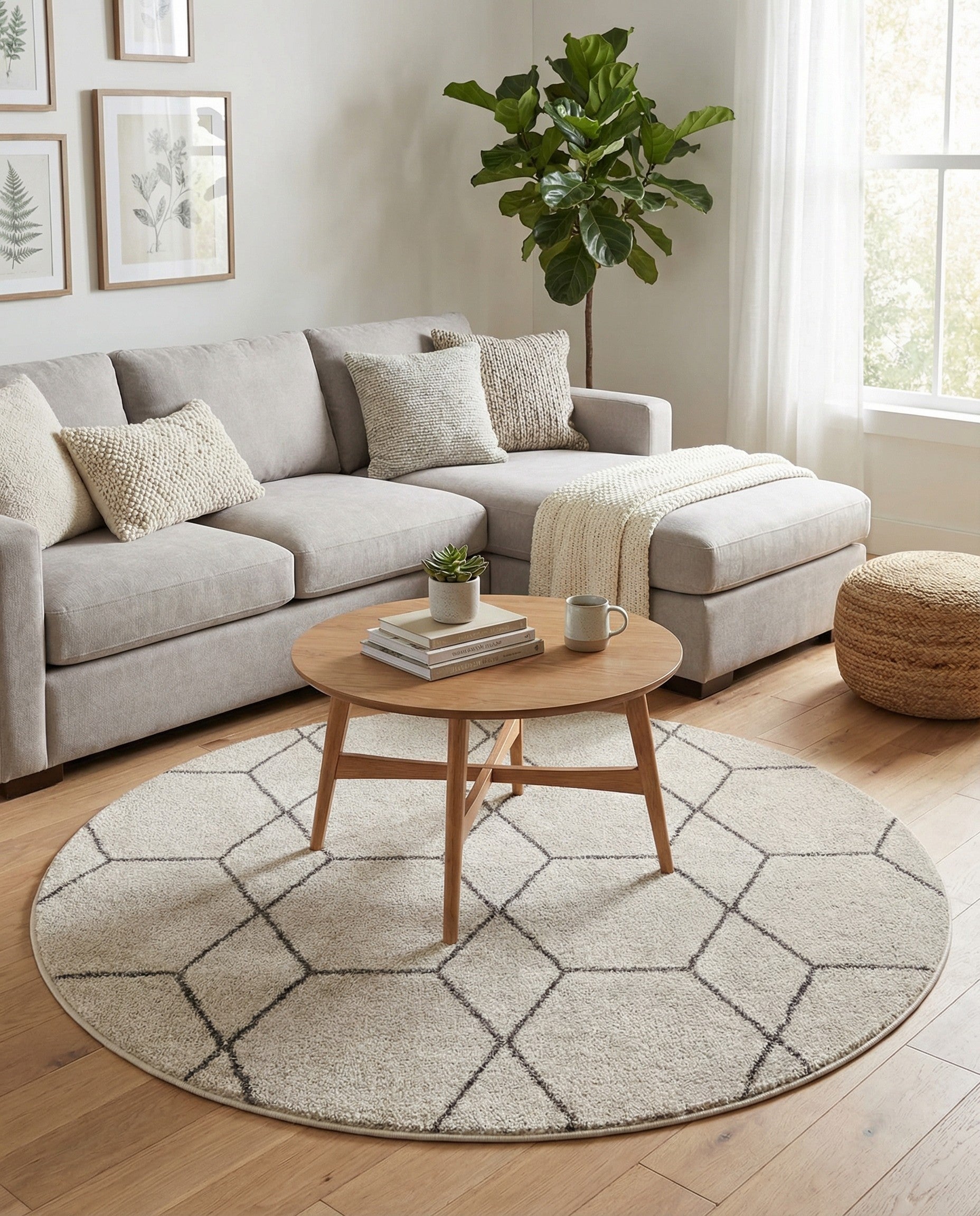 A 5' 3 round ivory rug with a modern black geometric trellis pattern, suitable for various indoor spaces.