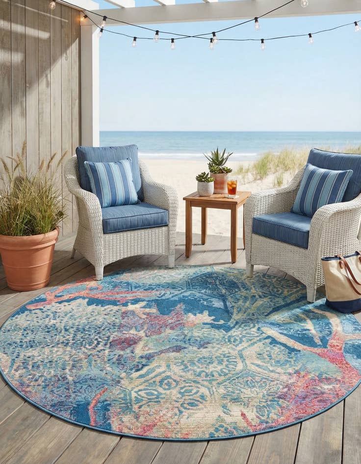 Detail image of 6' x 6' Washable Coastal Indoor / Outdoor Round Rug