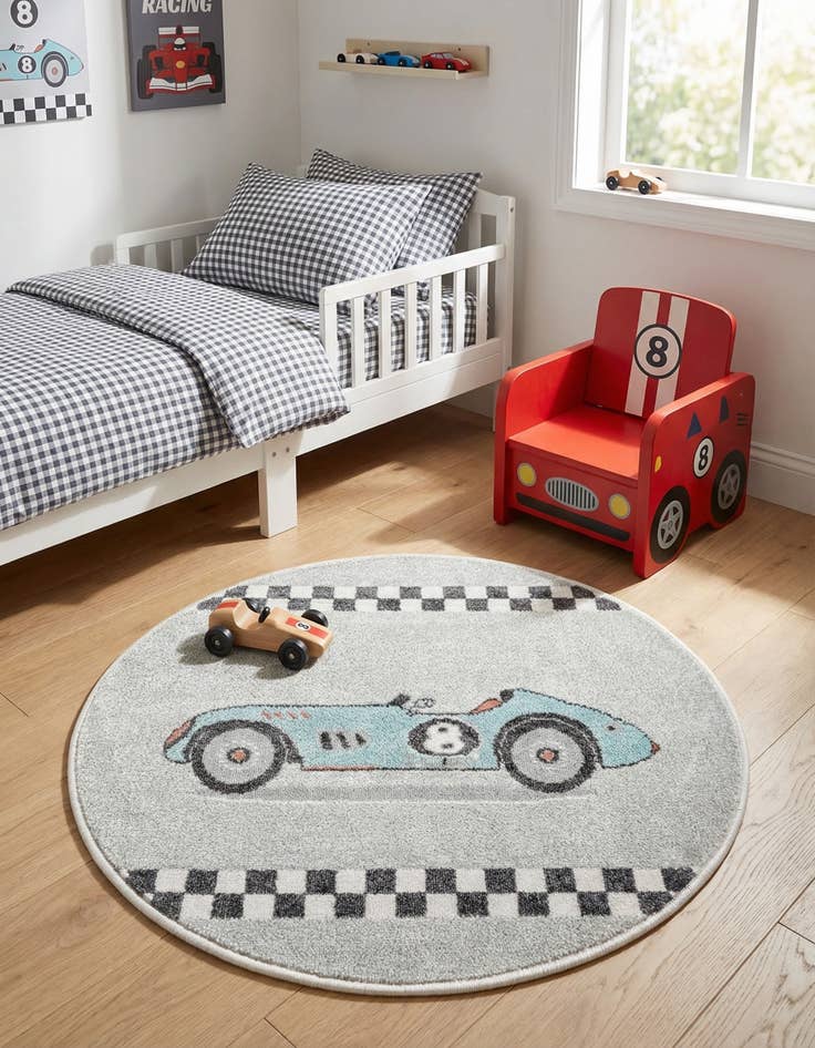 Detail image of 3' 3 x 3' 3 Racecar Whimsy Kids Round Rug
