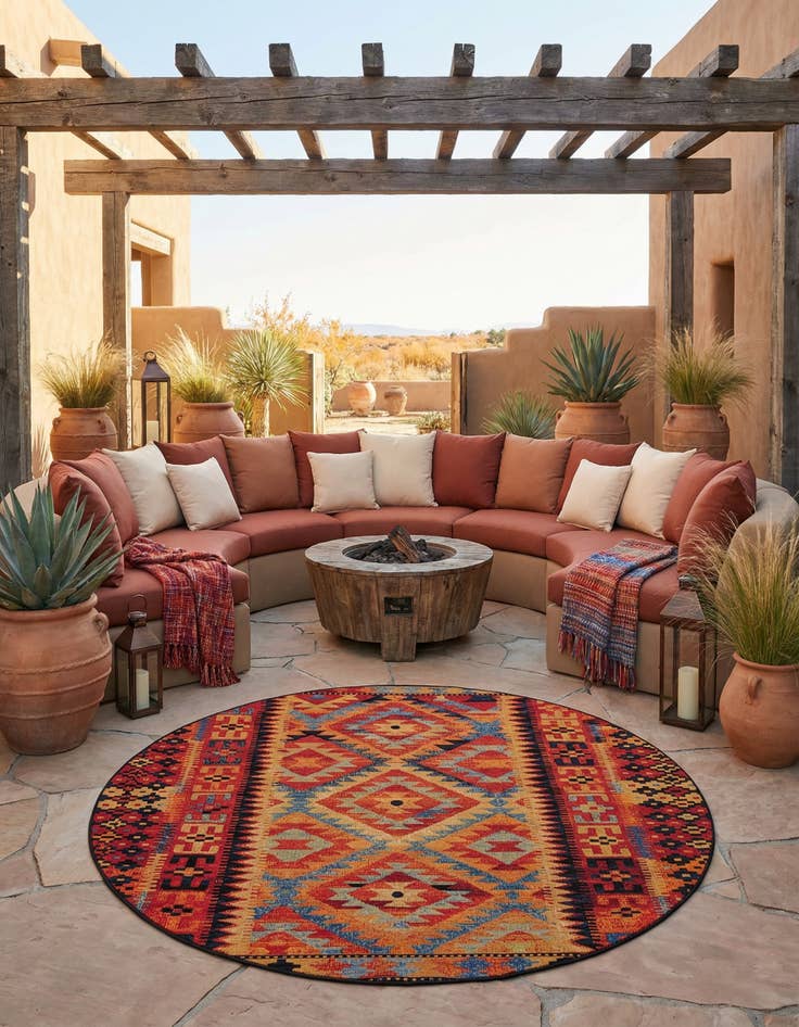 Detail image of 7' 10 x 7' 10 Washable Tribal Indoor / Outdoor Round Rug