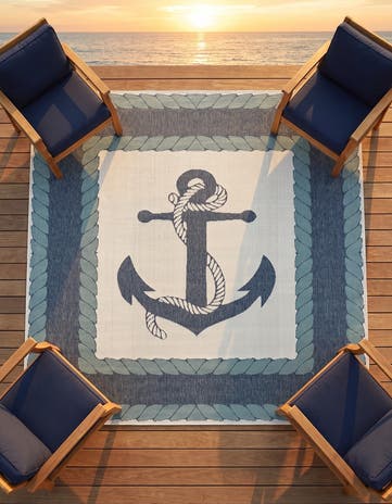Navy Blue Easy-Clean Coastal Indoor / Outdoor Square Rug