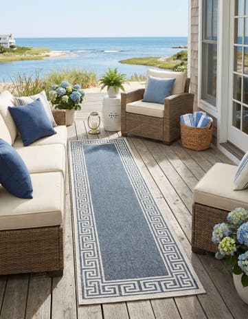 Navy Blue Easy-Clean Coastal Indoor / Outdoor Runner Rug