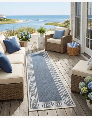 Navy Blue Easy-Clean Coastal Indoor / Outdoor Runner Rug
