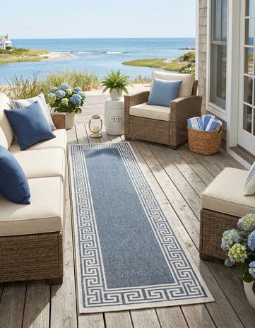 Navy Blue Easy-Clean Coastal Indoor / Outdoor Runner Rug